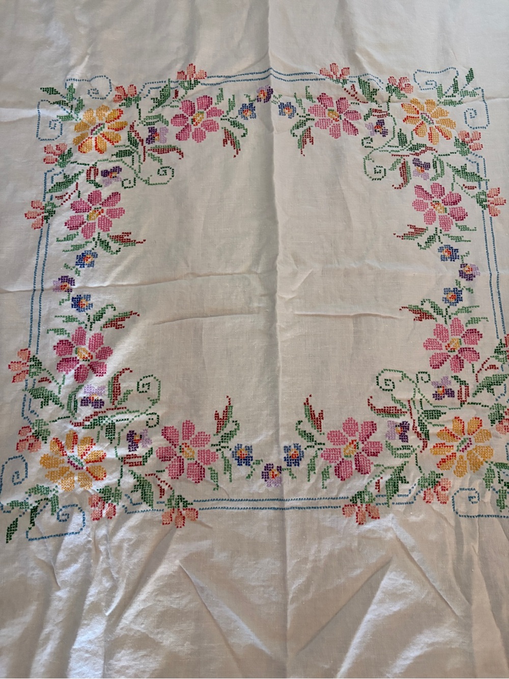 Hand Crafted Pink, Yellow & Green Floral Cross-Stitch Tablecloth